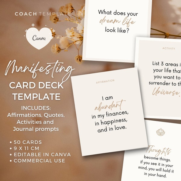 Editable Manifesting Card Deck Canva Template | Manifestation Law of Attraction Affirmation Quote Activity Journal Prompt | Commercial Use