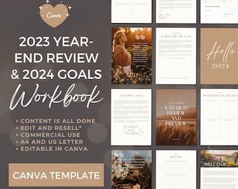 2023 Year in Review 2024 Goal Setting Workbook Template | Canva template | Yearly Review New Year Workbook | Manifesting Life Coach Business