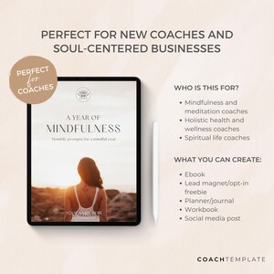 This is a 50+ page editable Canva template designed for mindfulness, meditation, and wellness coaches. The template includes beautifully crafted pages featuring monthly mindfulness themes, reflection worksheets, and undated daily, weekly, and monthly planners. Made with love and intention, it's fully customizable—perfect as a lead magnet, digital product, or a resource for coaching programs and memberships.