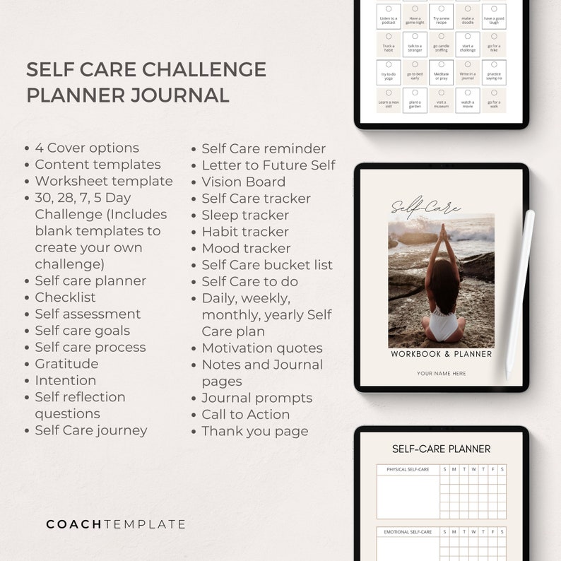 Self Care Product Creator Bundle | Editable Canva Templates to easily create a Self Care Challenge Planner Journal Workbook, Card Deck and Instagram Social Media Posts. Perfect for life wellness spiritual coach practitioner. 

Coachtemplate.com CT040
