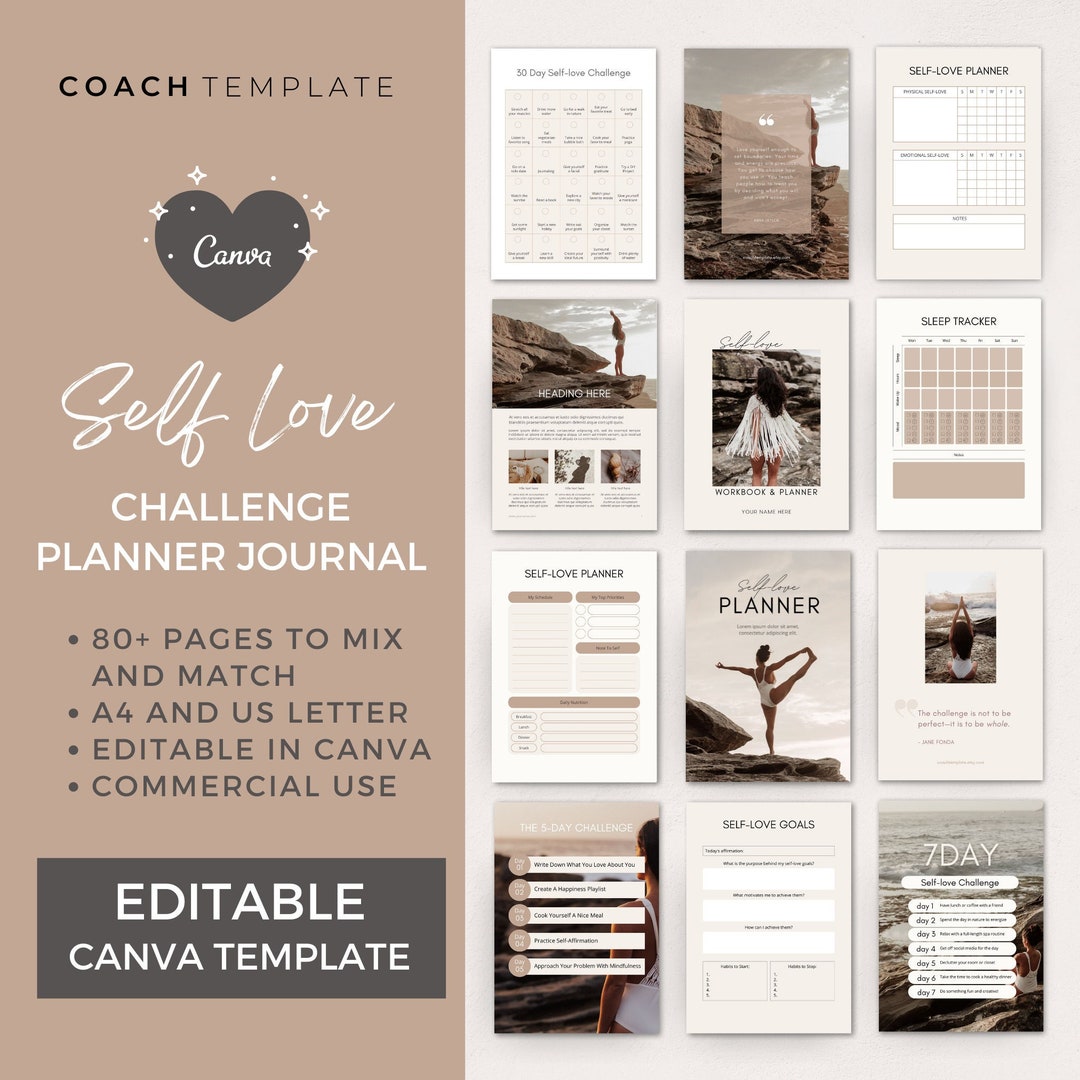 Editable Self Love Challenge Planner Journal Canva Template | Workbook ...