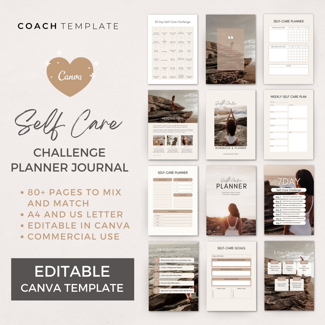 Editable Self Care Challenge Planner Journal Canva Template ...