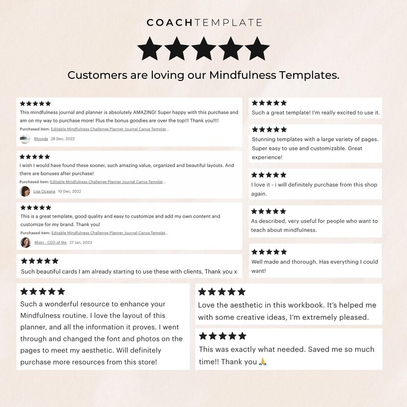 This is a 50+ page editable Canva template designed for mindfulness, meditation, and wellness coaches. The template includes beautifully crafted pages featuring monthly mindfulness themes, reflection worksheets, and undated daily, weekly, and monthly planners. Made with love and intention, it's fully customizable—perfect as a lead magnet, digital product, or a resource for coaching programs and memberships.
