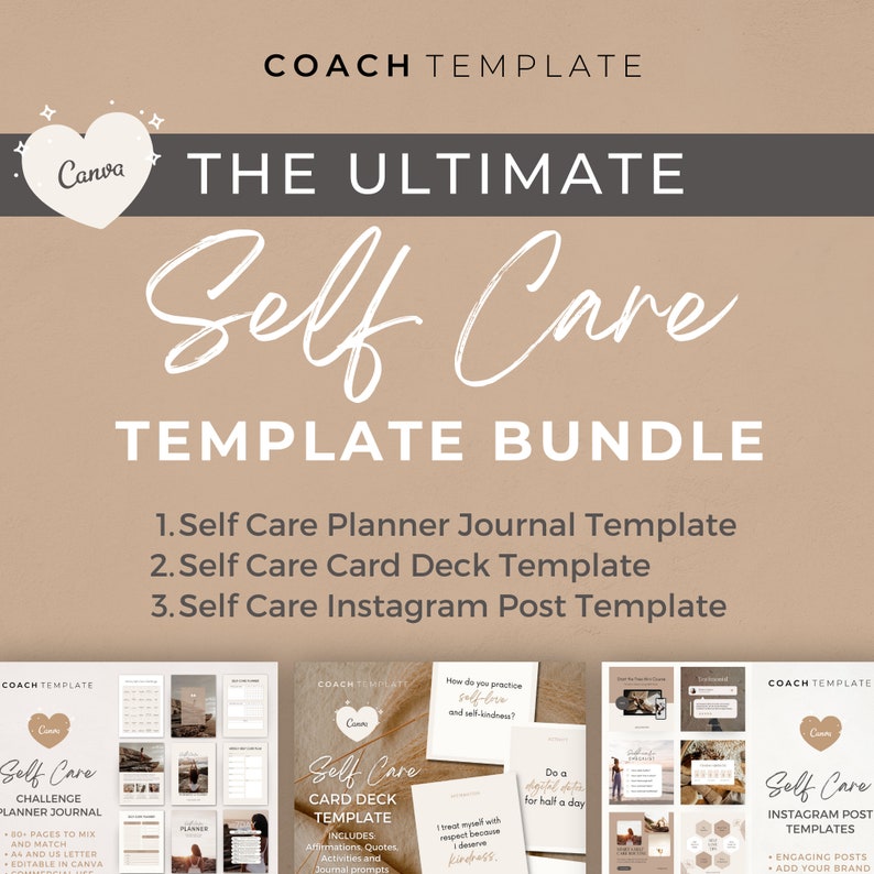 Self Care Product Creator Bundle | Editable Canva Templates to easily create a Self Care Challenge Planner Journal Workbook, Card Deck and Instagram Social Media Posts. Perfect for life wellness spiritual coach practitioner. 

Coachtemplate.com CT040