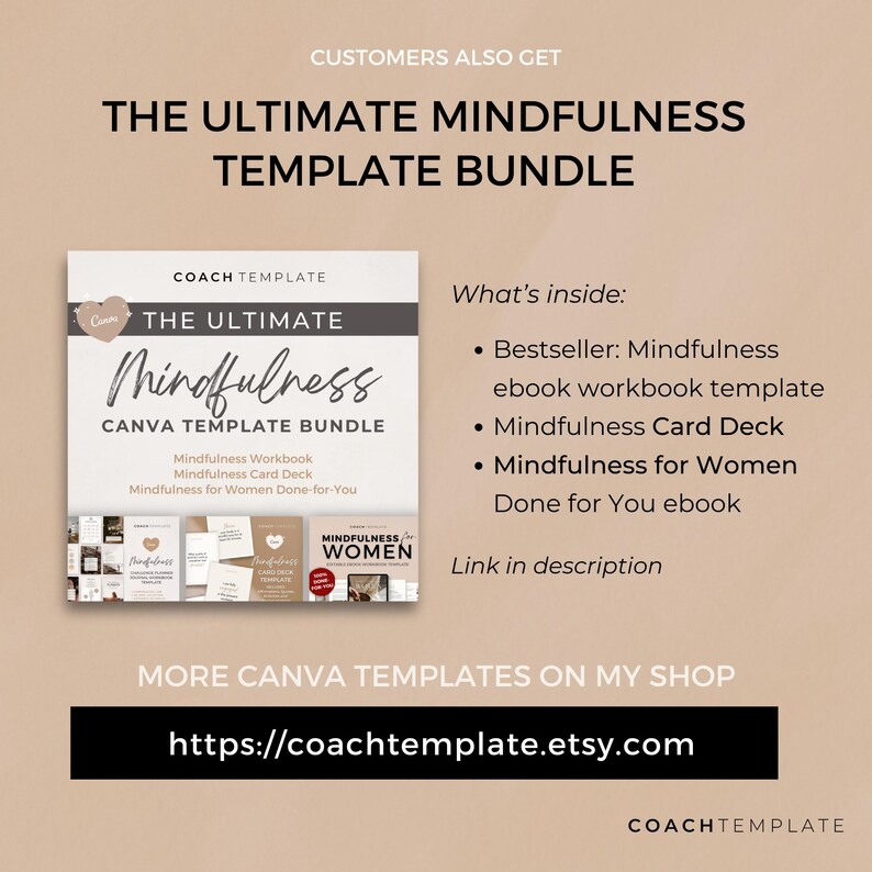 This is a 50+ page editable Canva template designed for mindfulness, meditation, and wellness coaches. The template includes beautifully crafted pages featuring monthly mindfulness themes, reflection worksheets, and undated daily, weekly, and monthly planners. Made with love and intention, it's fully customizable—perfect as a lead magnet, digital product, or a resource for coaching programs and memberships.