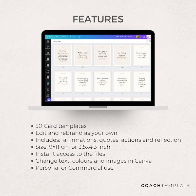Mindfulness Card Deck Canva Template | Affirmation Quote Activity Journal Prompt | Spiritual Life Wellness Coach | Editable Commercial Use

A 50 card template to quickly and easily create your mindfulness card deck. CoachTemplate.com CT044
