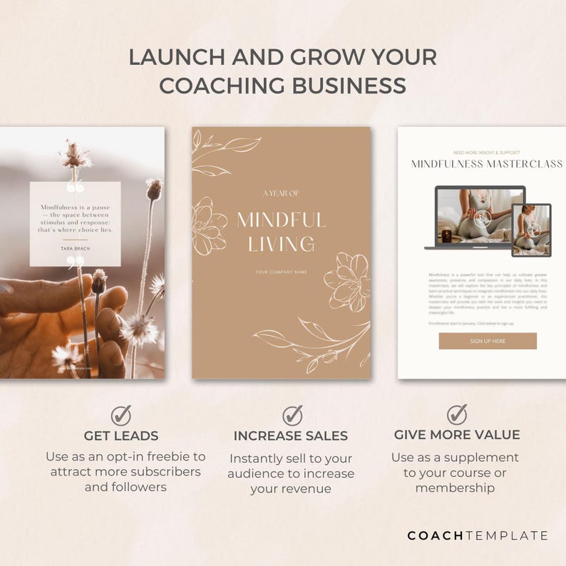 This is a 50+ page editable Canva template designed for mindfulness, meditation, and wellness coaches. The template includes beautifully crafted pages featuring monthly mindfulness themes, reflection worksheets, and undated daily, weekly, and monthly planners. Made with love and intention, it's fully customizable—perfect as a lead magnet, digital product, or a resource for coaching programs and memberships.