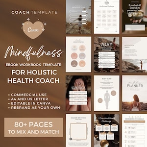 Mindfulness Workbook Canva Template for Holistic Health & Wellness Coach, Meditation Coach | 80+ Page ebook, Journal, Planner, Lead Magnet