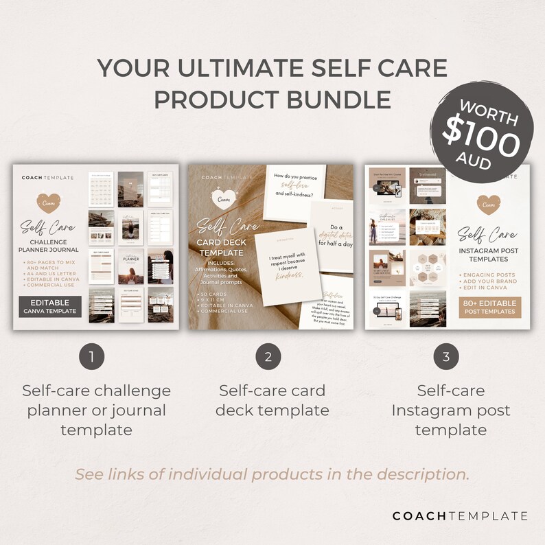 Self Care Product Creator Bundle | Editable Canva Templates to easily create a Self Care Challenge Planner Journal Workbook, Card Deck and Instagram Social Media Posts. Perfect for life wellness spiritual coach practitioner. 

Coachtemplate.com CT040