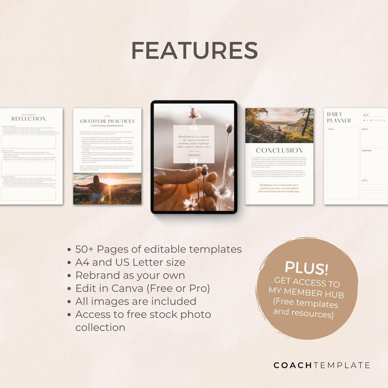 This is a 50+ page editable Canva template designed for mindfulness, meditation, and wellness coaches. The template includes beautifully crafted pages featuring monthly mindfulness themes, reflection worksheets, and undated daily, weekly, and monthly planners. Made with love and intention, it's fully customizable—perfect as a lead magnet, digital product, or a resource for coaching programs and memberships.