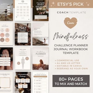 Editable Mindfulness Challenge Planner Journal Canva Template | Commercial Use Workbook Lead Magnet Coach Spiritual business content creator