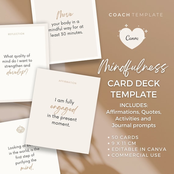Mindfulness Card Deck Canva Template | Affirmation Quote Activity Journal Prompt | Spiritual Life Wellness Coach | Editable Commercial Use