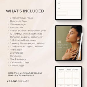 This is a 50+ page editable Canva template designed for mindfulness, meditation, and wellness coaches. The template includes beautifully crafted pages featuring monthly mindfulness themes, reflection worksheets, and undated daily, weekly, and monthly planners. Made with love and intention, it's fully customizable—perfect as a lead magnet, digital product, or a resource for coaching programs and memberships.