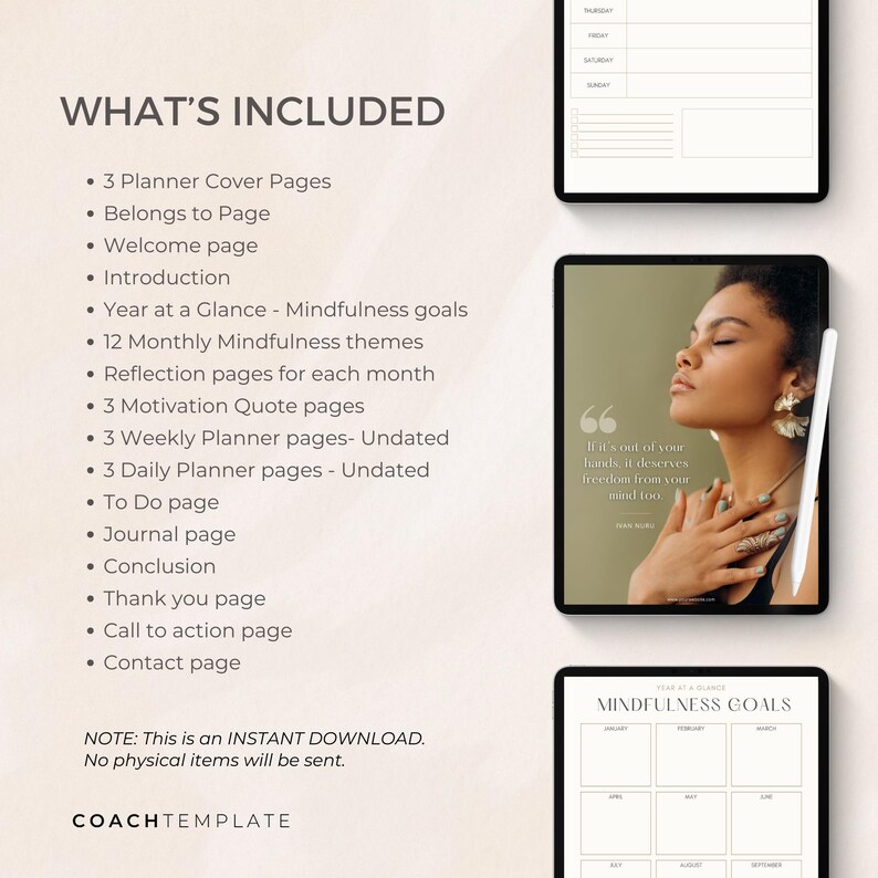 This is a 50+ page editable Canva template designed for mindfulness, meditation, and wellness coaches. The template includes beautifully crafted pages featuring monthly mindfulness themes, reflection worksheets, and undated daily, weekly, and monthly planners. Made with love and intention, it's fully customizable—perfect as a lead magnet, digital product, or a resource for coaching programs and memberships.