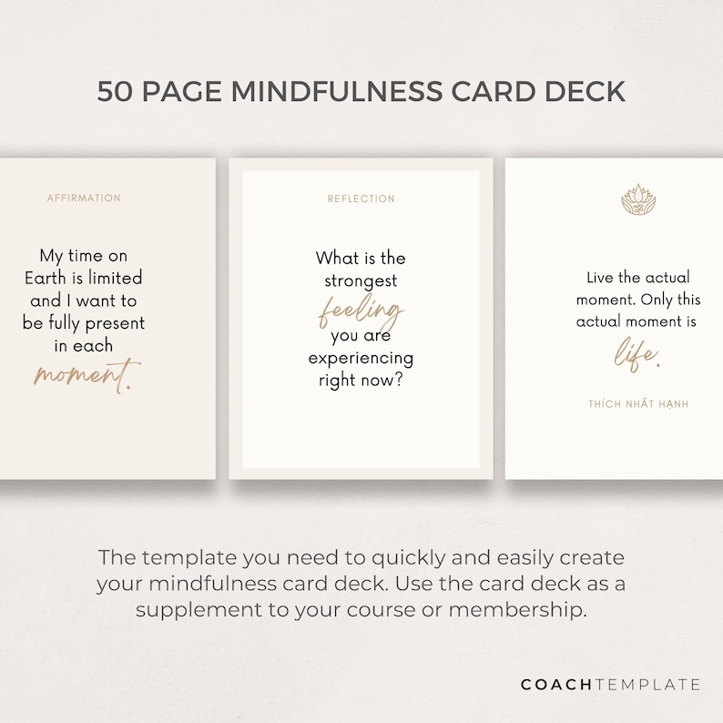 Mindfulness Card Deck Canva Template | Affirmation Quote Activity Journal Prompt | Spiritual Life Wellness Coach | Editable Commercial Use

A 50 card template to quickly and easily create your mindfulness card deck. CoachTemplate.com CT044