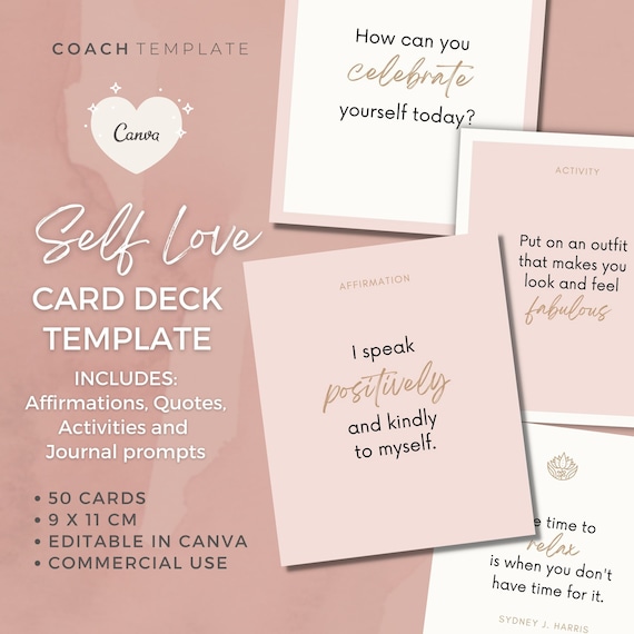Pink Self Love Self Care Card Deck Canva Template | Commercial Use Coaching Templates | Journal Prompts Affirmations Quotes Activities