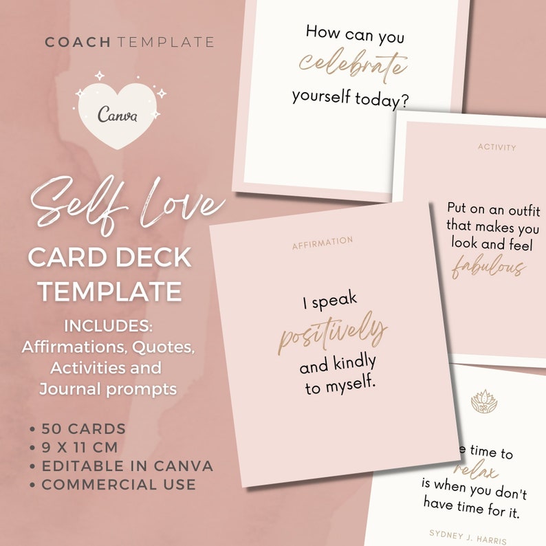 Pink Self Love Self Care Card Deck Canva Template | Commercial Use Coaching Templates | Journal Prompts Affirmations Quotes Activities

CoachTemplate CT041