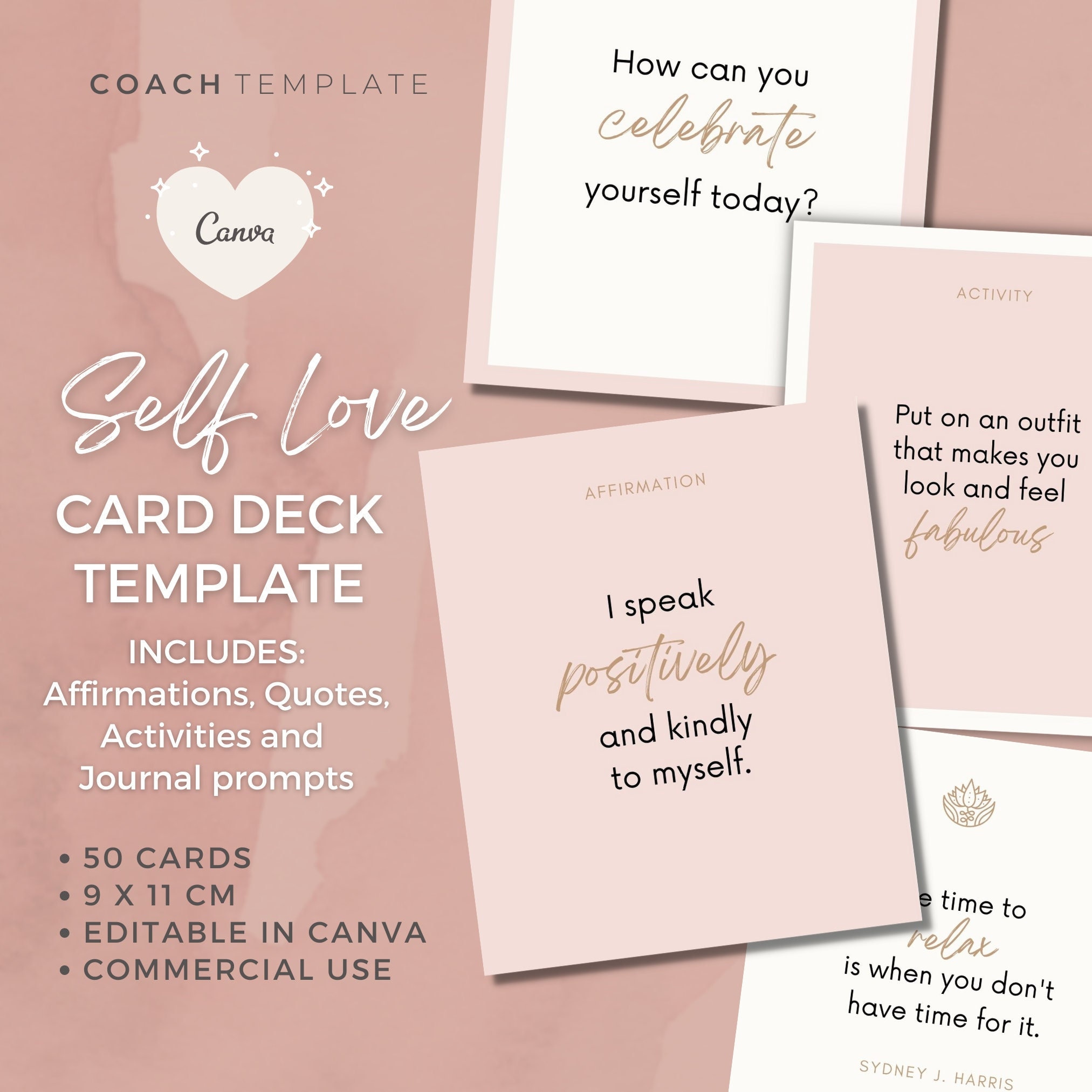 Pink Self Love Self Care Card Deck Canva Template | Commercial Use ...