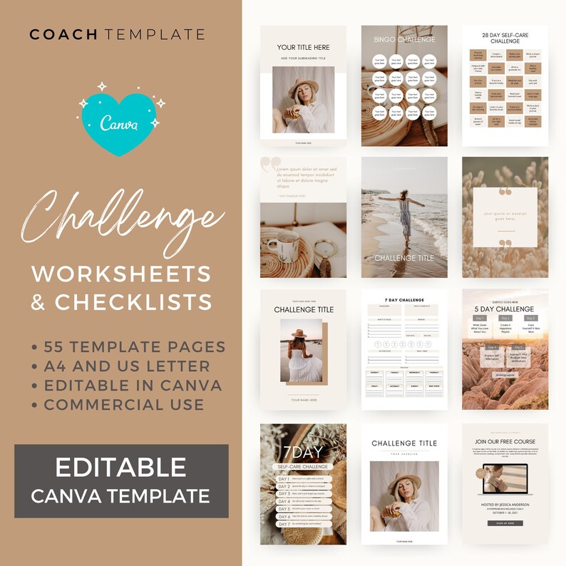 Challenge Worksheet Canva Template | Commercial Use Workbook Lead Magnet for Life Wellness Coach Spiritual business course content creator - CoachTemplate.com 30CTCWCanva templates to help you create a challenge for your coaching business.