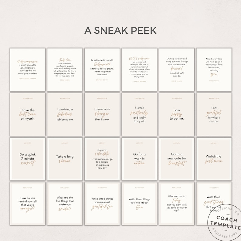 Editable Self Care Card Deck Canva Template | Affirmations Quotes Activities Journal Prompts | Wellness Life Coach Business | Commercial Use CT037

This 50 card template is what you need to quickly and easily create your self-care card deck.