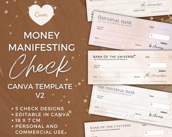 Beautifully designed manifesting checks to attract financial wealth and abundance, editable Canva template, personal and commercial use