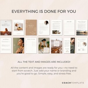 This is a 50+ page editable Canva template designed for mindfulness, meditation, and wellness coaches. The template includes beautifully crafted pages featuring monthly mindfulness themes, reflection worksheets, and undated daily, weekly, and monthly planners. Made with love and intention, it's fully customizable—perfect as a lead magnet, digital product, or a resource for coaching programs and memberships.