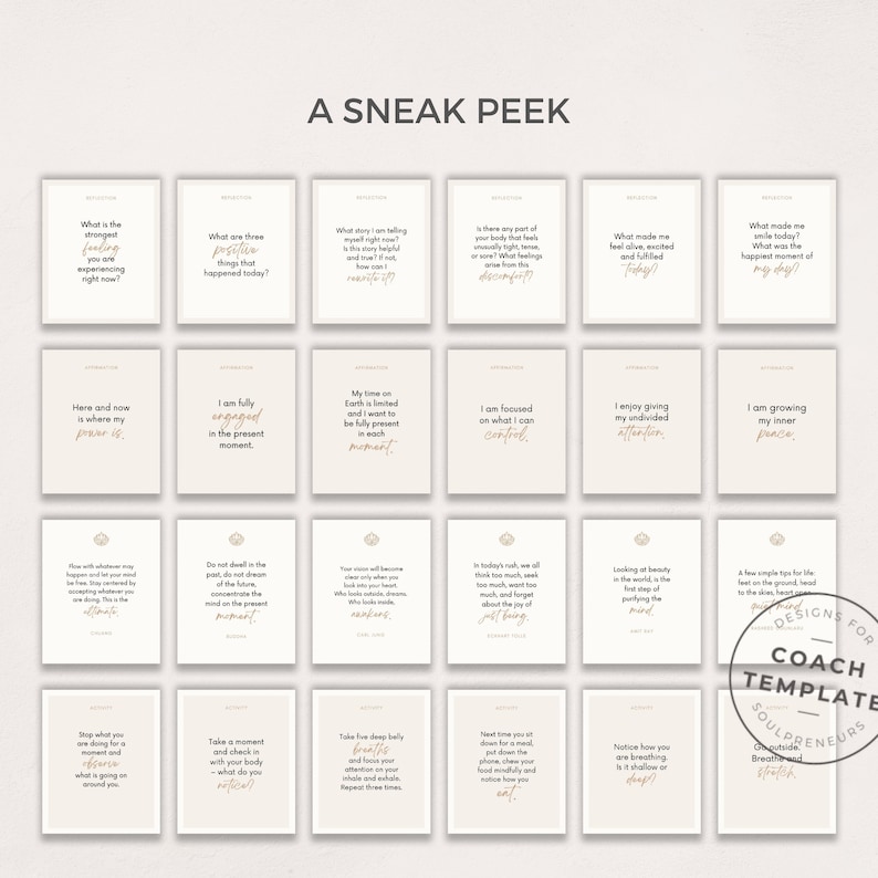 Mindfulness Card Deck Canva Template | Affirmation Quote Activity Journal Prompt | Spiritual Life Wellness Coach | Editable Commercial Use

A 50 card template to quickly and easily create your mindfulness card deck. CoachTemplate.com CT044