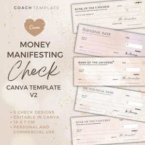 May include: A Canva template for a money manifesting check. The template features five different check designs with a pink and gold color scheme. The text on the checks reads "Bank of the Universe" and "The Universal Bank". The template is editable in Canva and is 18 x 7 cm. It is for personal and commercial use.
