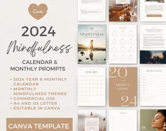 2024 Calendar with Monthly Mindfulness Themes and Prompts | Canva template for Life Wellness Mental Health Coach and Coaching Business