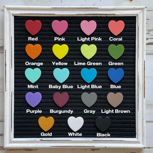 May include: A chart of 15 heart-shaped color swatches with the names of each color written below. The colors are red, pink, light pink, coral, orange, yellow, lime green, green, mint, baby blue, light blue, blue, purple, burgundy, gray, light brown, gold, white, and black.