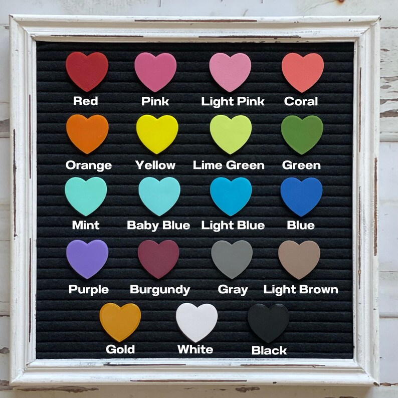May include: A chart of 15 heart-shaped color swatches with the names of each color written below. The colors are red, pink, light pink, coral, orange, yellow, lime green, green, mint, baby blue, light blue, blue, purple, burgundy, gray, light brown, gold, white, and black.