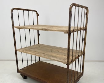 Vintage Industrial Iron and Wood Shelves on Wheels, 1960's / Industrial Furniture / Original