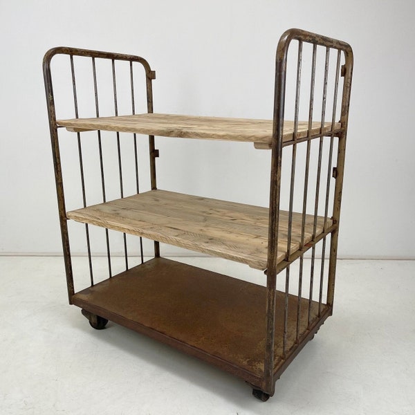 Vintage Industrial Iron and Wood Shelves on Wheels, 1960's / Industrial Furniture / Original