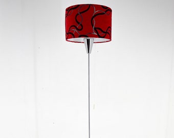 Mid-century Chrome Floor Lamp, Restored, Czechoslovakia / Vintage Floor Lamp / Red & Black Lamp Shade