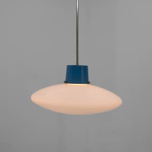 Midcentury UFO Pendant, 1950&#39;s / Vintage Pendant Light / Milk Glass & Metal