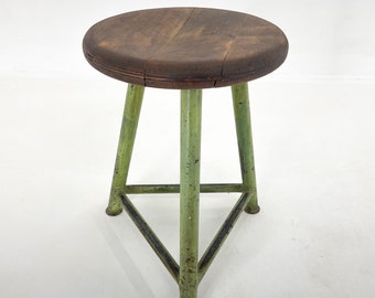 vintage Industrial Steel & Wood Tripod Stool, 1950's / Industrial Furniture / Low Stool / Original Paint