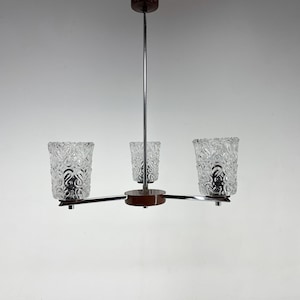 Vintage Chrome & Glass Chandelier, 1970&#39;s / Three Arm Mid Century Chandelier