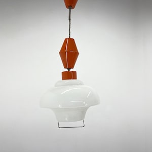 1950&#39;s Pull-down Pendant Light, Czechoslovakia / Mid-century Light / White & Red
