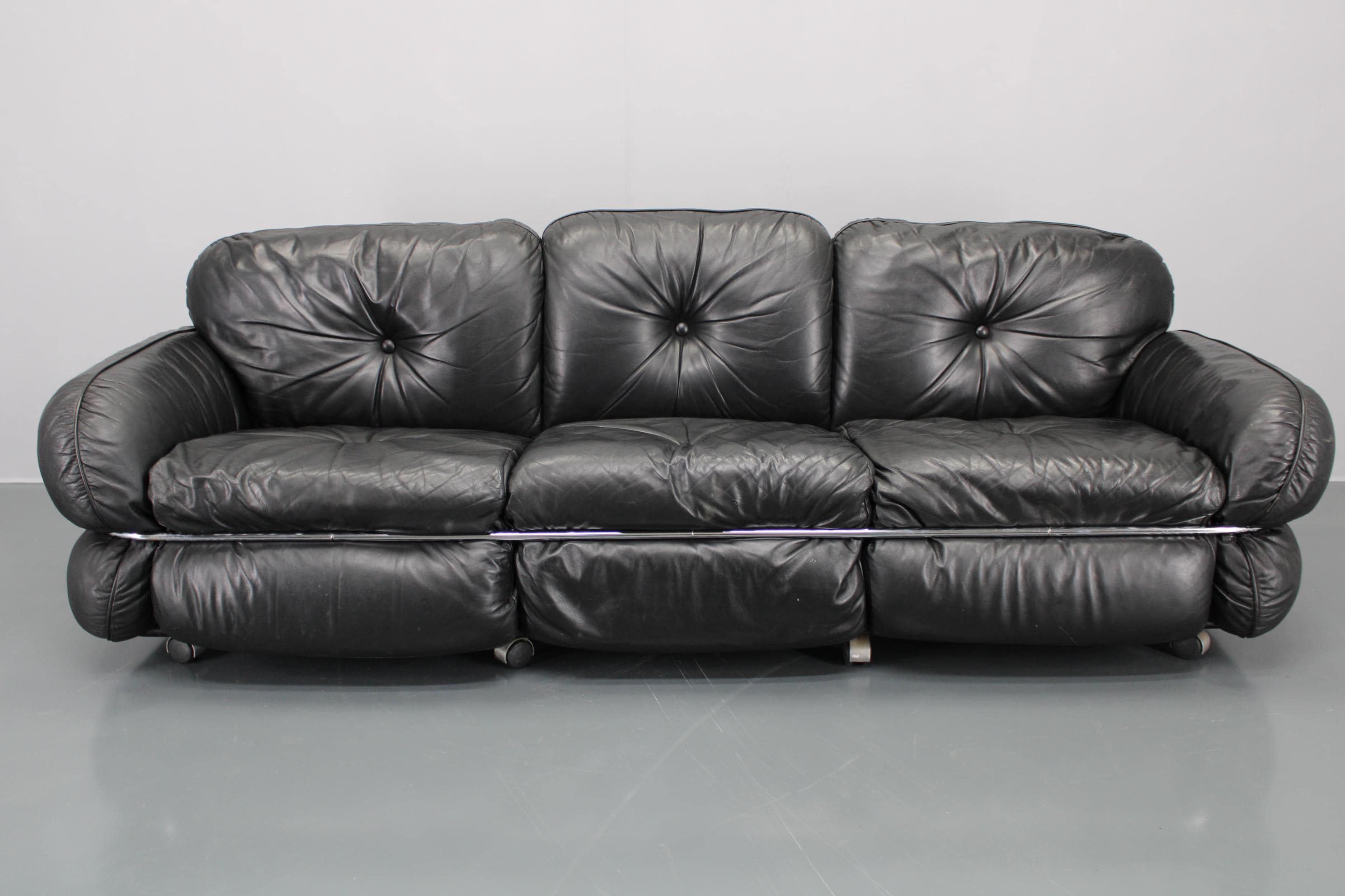 1970 Kurt Hvitsjö Rare “hannibal” Black 3- Seater Sofa for Isku