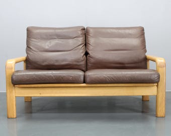 1970s L. Olsen & Søn Oak and Leather 2-Seater Sofa, Denmar