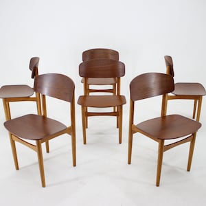 1960s Set of 6 Børge Mogensen Model 122 Oak and Teak Dining Chairs for Søborg Møbelfabric, Denmark / Brown Colour / Vintage Chairs
