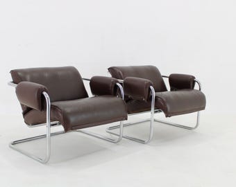 1950s Pair of Tubular Armchairs in Leather, Czechoslovakia / Tubular Chairs / Mid-century Design /