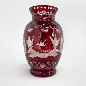 Egermann Ruby Red Hand Cut Glass Vase, Czechoslovakia, 1940&#39;s / Ruby Glass Vase / Bohemian Glass