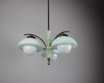 Art Deco Chandelier 1930s Czechoslovakia Mint Glass Chrome Ceiling Light