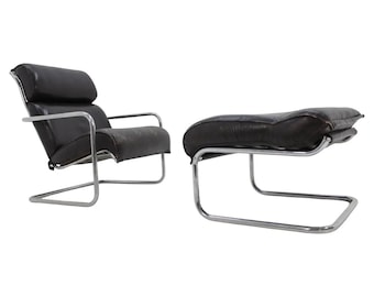 Set of chrome tubular Leather Design Lounge Chair and Footstool - 1950s