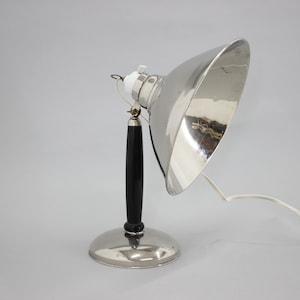 1950s Industrial Chrome & Wood Table Lamp with Ceramic Switch, Czechoslovakia / Vintage Industrial Table Lamp