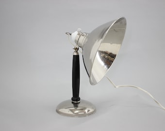 1950s Industrial Chrome & Wood Table Lamp with Ceramic Switch, Czechoslovakia / Vintage Industrial Table Lamp