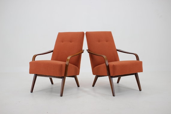 1960s Pair of Vintage Armchairs, Czechoslovakia / Vintage Chair / Red colour / Mid-century