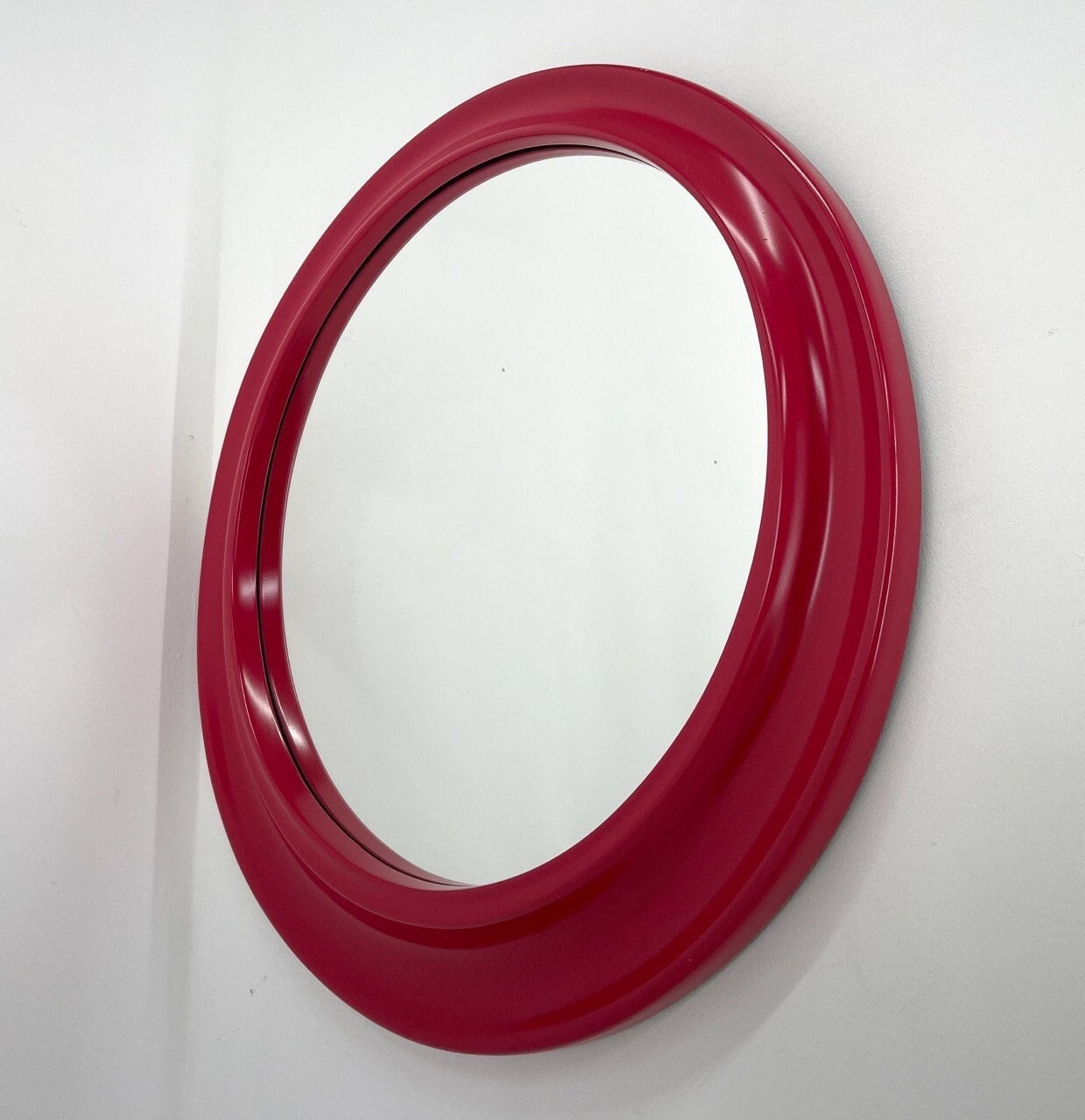 1980's Italian Round Wall Mirror / Vintage Plastic Mirror / Red