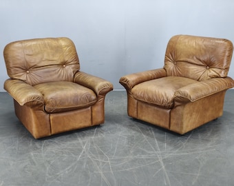 Pair Italian Cognac Buffalo Leather Lounge Armchairs Arcon Italia 1970s